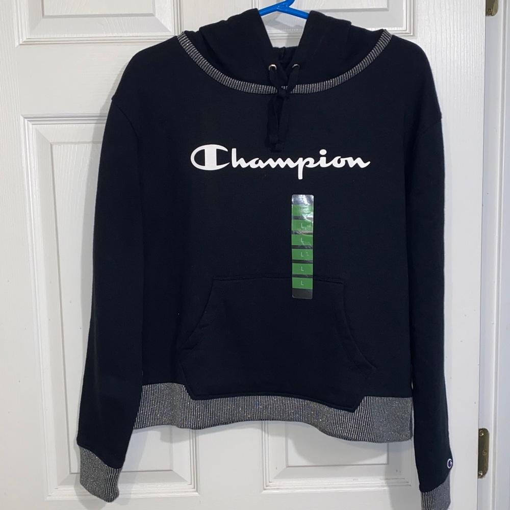 Champion Black and Gray Athletic Sweatshirt Hoodie Size Large Kangaroo Pockets